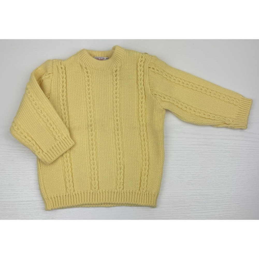 Vintage 1960's Pastel Yellow Cable Knit Sweater Made In Britain MCM Retro 12M